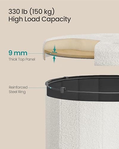 SONGMICS Mazie Collection - Round Storage Ottoman, Folding Footrest Stool with Removable Lid, Easy Assembly, Teddy Fleece Vanity Stool for Bedroom, Living Room, Entryway, Cream White ULSF606W01 thumbnail 4