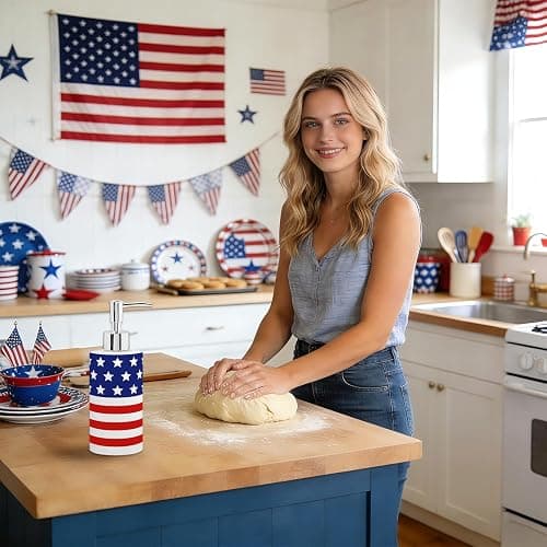 FYSUIMU Patriotic Soap Dispenser Refillable Liquid Container 4th of July American Flag Glass Soap Dispenser with Pump for for Independence Day Bathroom Kitchen Countertop Decor thumbnail 6