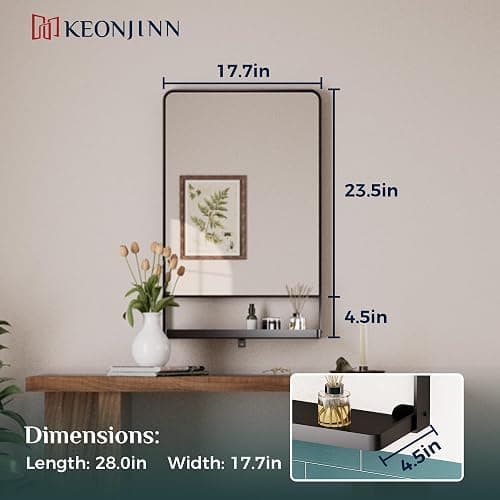 Keonjinn 18x28 Inch Black Bathroom Mirror with Shelf, Rectangle Metal Bathroom Vanity Mirror with Storage, Black Rounded Corner Wall Mounted Bathroom Mirrors for Over Sink Bedroom Entryway - 28"L x 18"W - Black thumbnail 4