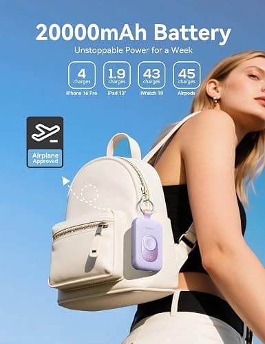RORRY Portable Charger, 20000mAh PD 30W Portable Charger Power Bank with 2 Built-in Cables, Super Fast Charging Battery Pack with Keychain, Travel Essentials for iPhone, Apple Watch, iPad, Mulberry thumbnail 4