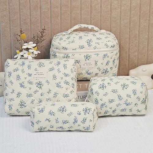 Aucuu 3PCS Set Kosmetiktasche, Reise Kosmetiktasche Set Damen, Kulturtasche Damen mit Blumenmuster, Gesteppte Kulturtasche, Kulturbeutel Make Up Tasche, Tragbare Schminktasche für Mädchen Frauen thumbnail 2