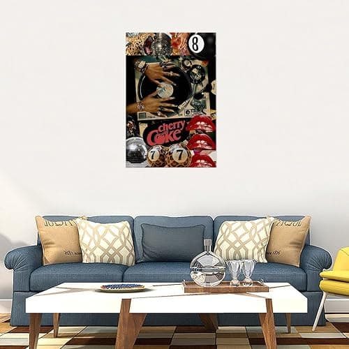 Retro Pop Culture Collage Canvas Wall Art Leopard Print Disco Ball Cherry Coke Posters with Vinyl Record And Glam Nails Trendy Bedroom Music Room Bar Lounge Canvas Poster Wall Art Decoration for Home, thumbnail 5