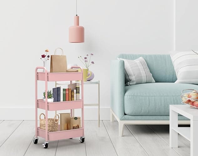 CAXXA 3-Tier Rolling Metal Storage Organizer - Mobile Utility Cart with Caster Wheels, Pink thumbnail 2