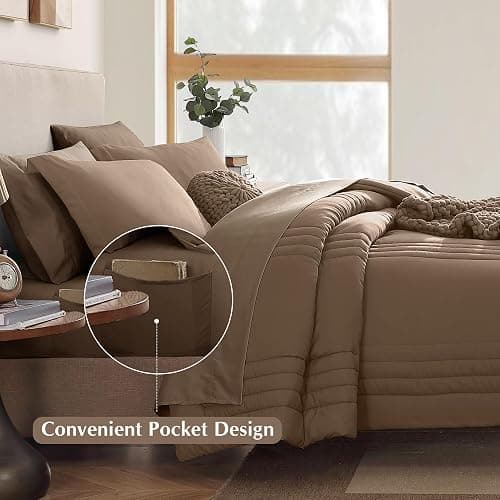 Monbix Queen Comforter Set - 7 Pieces Raw Umber Bed in a Bag Queen Bedding Sets with Comforters, All Seasons Comforter Bed Set with Sheets, Pillowcases & Shams thumbnail 4