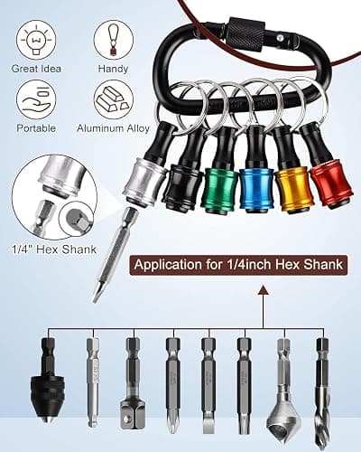 Upgrade, Push to Unlock,katerk 6pcs 1/4 inch Hex Shank Aluminum Alloy Screwdriver Bits Holder Light-weight Quick-change Extension Bar Keychain Drill Screw Adapter Change Portable, With Black Carabiner thumbnail 2