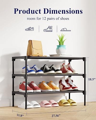 Kitsure Shoe Rack - Non-Woven Shoe Rack Shelf, Shoe Organizer for Closet, Entryway, Garage & Corridor, Stackable Shoe Shelves, 27.5" Wide - 3 Tier, Black thumbnail 3
