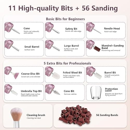 TUOBEO Cordless Nail Drill Electric Rechargeable File Kit, Professional Efile Acrylic Gel Nail Polish Remover Pedicure Manicure Machine Portable Set with 11 Bits 56 Sanding Bands (Pink) thumbnail 8