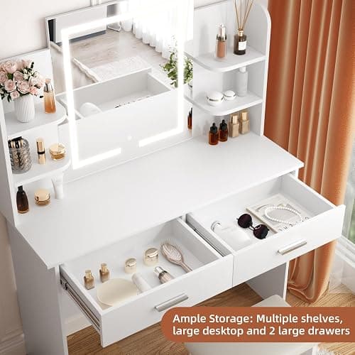 SMOOL Vanity Desk with Lighted Mirror - Makeup Vanity Table with 3 Color Light Options Adjustable Brightness, Vanity with 6 Storage Shelves, 2 Large Drawers, Vanity Set for Girls Women, White thumbnail 5