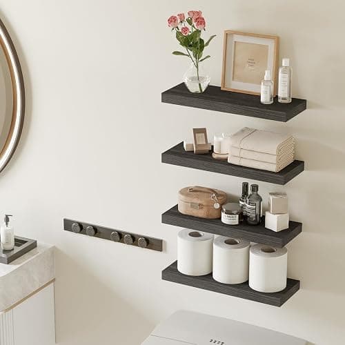 Fixwal 15.8in Floating Shelves, Rustic Wood Finish Wall Shelves Set of 4, Shelves for Wall Decor, with Invisible Brackets for Bathroom, Living Room,Bedroom and Kitchen(Gray) thumbnail 2
