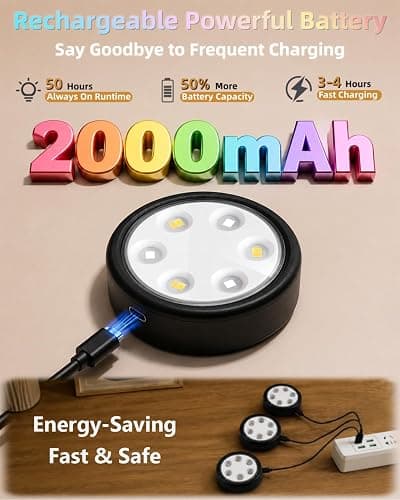 HOLKPOILOT Puck Lights with Remote, 2000mAh Battery Operated Rechargeable Under Cabinet Lighting, 3 Color Temps & 7 RGB Colors, Magnetic Closet Light, Black Wireless Puck Light for Kitchen, Shelf. thumbnail 3