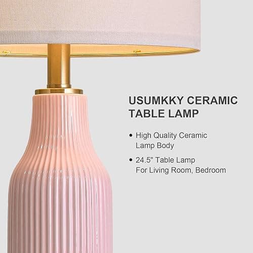 USumkky 24.5" Modern 3-Way Dimmable Touch Control with 5FT Cord & USB A+C Ceramic Lamps Set of 2 Table Lamp for Living Room Bedroom Farmhouse Nightstand Bedside Pink thumbnail 5
