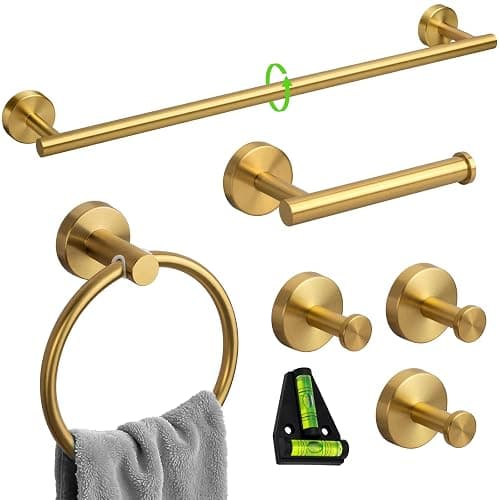 Gold Bathroom Accessories, 24” Towel Bar, Towel Ring Holder, Toilet Paper Holder and 3 Towel Hooks, Bathroom Hardware Set Wall Mounted - Image 1