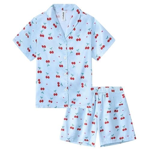 Ewbob Girls Silk Satin Pyjamas Set Short Sleeve Kids PJs Nightwear 5-14Y | Girls Silk Satin Pyjamas Set,Short Sleeve,Button-Down Kids PJs.Breathable,Soft Nightwear,Children Sleepwear,Age 5-14 - Image 1
