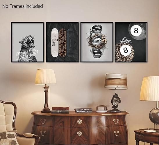 KDHTY Vintage Cheetah Room Decor Y2k,Lucky 8 Leopard Skateboard Black and White Wall Art,Preppy Cheetah Room Decor College Dorm Bedroom Bathroom,Girl Aesthetic,8x10 Unframed Set of 4 thumbnail 4