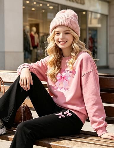 KIDOOPIX Girls Clothes 2 Pieces Stylish Bow Letter Print Long Sleeve Sweatshirt & Pants for 7-14Y thumbnail 4