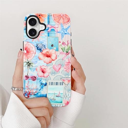 KANGHAR Summer Phone Case for iPhone 16 Plus [Compatible with MagSafe], Cute Aesthetic Coastal Beach Seashell Coquette Collage Design, 2-Layer Hybrid Shockproof Protective Cover for Women Girls thumbnail 4