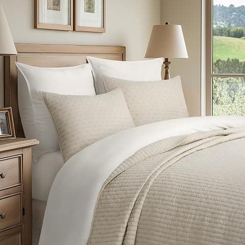 EVERGRACEHOME Cross Stitch Pre-Washed Cotton Quilt Bedding Set King Size, Oversized 3 Pieces Lightweight Bedspread Coverlet for All Season, with 2 Matching Shams, Flax Beige,118"x106" thumbnail 2