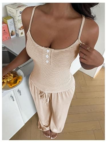 Milumia Women's 2 Piece Pajama Lounge Set Striped Tank and Pants Pj Set | Cute Pjs,Womens Loungewear,Matching Set,Tank Top and Sleep Pants,Casual Suit thumbnail 2