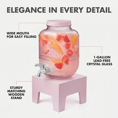 Beverage Dispenser 1 Gallon, Glass Drink Dispenser with Wooden Base Stand, Wide Mouth Jar for Lemonade, Iced Tea, Infused Water, Vintage Kitchen Decor - Pink thumbnail 3