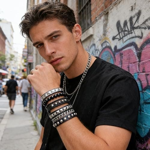 Longbitzen 6PCS Punk Style Jewelry Set with 1 Necklace, 4 Leather Studded Bracelets, 1 Pants Chain for Men Women, Gothic Rocker Grunge Accessories, 80s 90s Outfits thumbnail 4