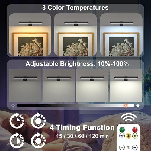 Wireless Picture Light Rechargeable, 2 in 1 Painting Light with Remote, 300LM Art Battery Display Lamp Dimmer Timer, 3 Modes Magnetic Wall Light for Artworks Dartboard thumbnail 5