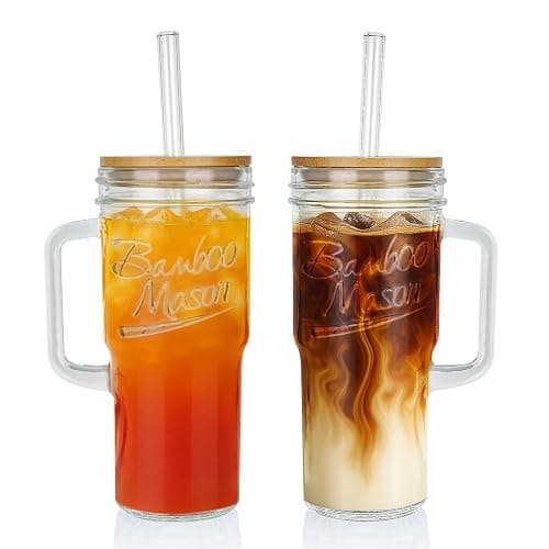 ANOTION Glass Cups with Lids and Straws - 24oz Tumbler with Handle Coffee Cups Glass Straws Glasses Mason Jar Cups Drinking Set Kitchen Essentials Coffee Bar Accessories House Warming Gifts New Home thumbnail 8