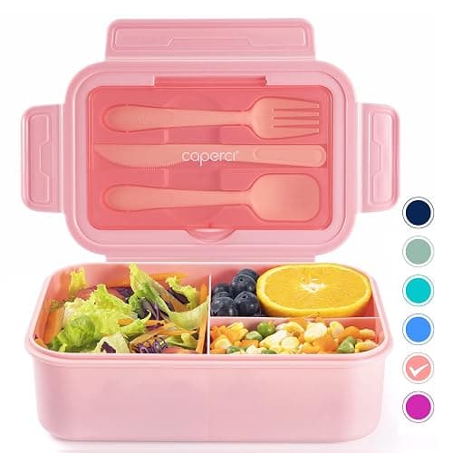 Caperci Classic Bento Box Adult Lunch Box for Older Kids - Leakpoof 47 oz 3-Compartment Lunch Containers for Adults and Teens, Built-in Utensil Set, Ideal for On-the-Go Balanced Eating, Pink - Image 1