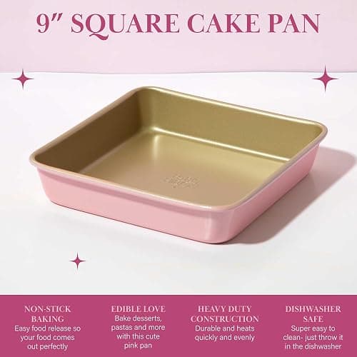 Paris Hilton Nonstick Carbon Steel Bakeware Collection, 9-Inch Square Cake Pan, Dishwasher Safe, Made without PFOA and PFAS, Pink Champagne Two-Tone thumbnail 3