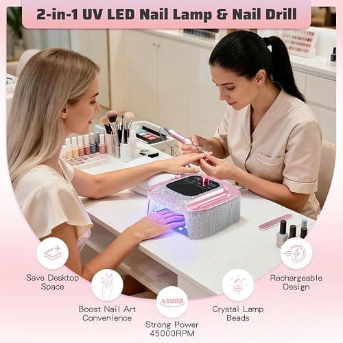 HNHFTT 2-in-1 UV LED Nail Lamp & Nail Drill, Professional Rechargeable Nail Dryer, Led Nail Lamp with LCD Display & Auto Sensor, 45000 RPM Electric Nail Drill Machine, Designed for Salon, Home thumbnail 2