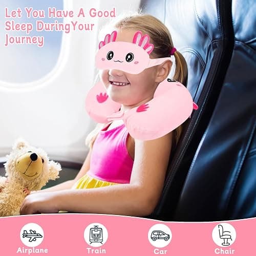 Travel Pillow, Kids Travel Pillow with Sleep Eye Mask Soft Memory Foam Kids Neck Pillow for Boys & Girls, Travel Accessories for Car Airplane Traveling - Axolotl thumbnail 6
