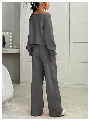 SOLY HUX Women's 2 Piece Outfits Fall Sweatsuits Off The Shoulder Crop Top Wide Leg Sweatpants Casual Matching Lounge Sets thumbnail 2