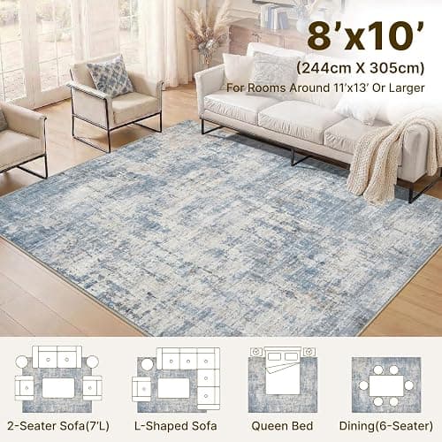 Syrlfar Area Rugs 8x10 Living Room Rug Washable No Slip Low Pile Soft Thickness Large Carpets Indoor Floor Covering for Bedroom Dining Modern Abstract Home Office Decor Blue thumbnail 5