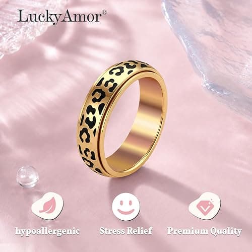 Black Leopard Print Fidget Ring - Spinner Rings for Women | Discreet Anxiety Relief Jewelry with Cheetah Print Design for Work, Office & Daily Wear‌, Ideal Gift for Adults thumbnail 5