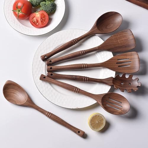Gudamaye 12 inch Black Walnut Wooden Utensils - 6 Pcs Crafting Spoon Set for Cooking thumbnail 6
