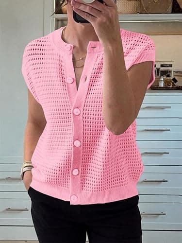 Saodimallsu Womens Short Cap Sleeve Sweater Vest Crochet Button Down Cardigans Crew Neck Summer Knit Tops thumbnail 3