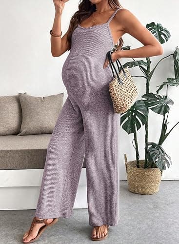 BLENCOT Maternity Ribbed Jumpsuit Stretchy One Piece Wide Leg Romper | Women's Sleeveless Square Neck Adjustable Strap High Waist Casual Lounge Sets Pregnancy Clothes Fashion 2026 thumbnail 9