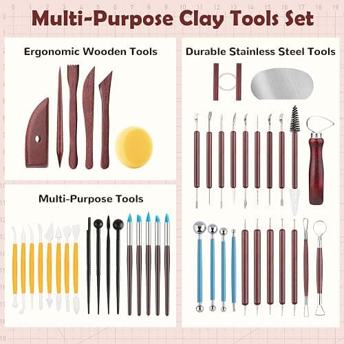 48PCS Pottery Tools Kit for Sculpting, Clay Carving Tools, Ceramic Tools for Polymer Clay, Modeling, Trimming, Molding, Shaping, Pottery Kiln, Arts Crafts Supplies, Adults, Students, Beginners, Pros thumbnail 3