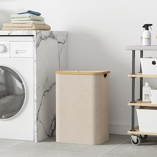 Lifewit 80L Laundry Basket with Lid, Clothes Hampers for Laundry with Bamboo Handles and A Removable Laundry Bag, Large Foldable Laundry Hamper for Bedroom, Bathroom, Dorm, Laundry Room, Beige thumbnail 2