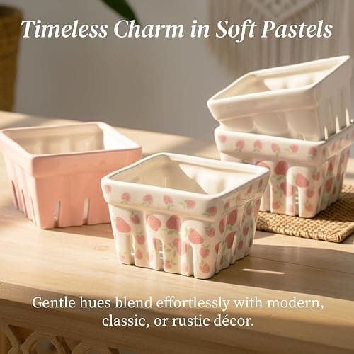 Ceramic Berry Basket, Farmhouse Colander, Strawberry Decor, Fruit Bowls, Fruit Baskets, Kawaii Strawberry Kitchen bowl, Pink White and Cute Strawberry pattern Stoneware Harvest Square Bowls Set of 4 thumbnail 7