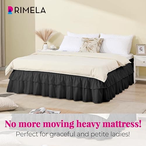 RIMELA Queen Size Ruffle Bed Skirt 16 Inch Drop - Black Double Layered Wrap Around Dust Ruffle, Romantic Cute Design Bedskirt with High-Density Fabric, Soft Stretchy, Easy Install for Queen Bed thumbnail 2