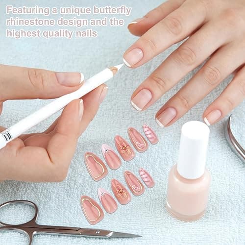 Mrltau 24 Pcs Faux Ongles Pression Printemps Court, Couleur Chair Rose, Faux Ongles avec Décoration Fleur 3D Perles, Pointe Française Pleine Couverture thumbnail 5
