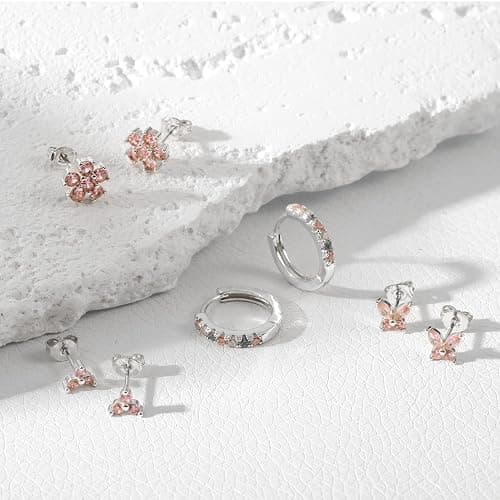 20G Gold Studs Earrings for Women,14K Gold Plated Hypoallergenic Butterfly Earrings for Girls,4 Pairs Flower/Butterfly/Cubic Zirconia Cute Earring and Trendy Huggie Hoop Dainty Multipack Earring Sets thumbnail 5