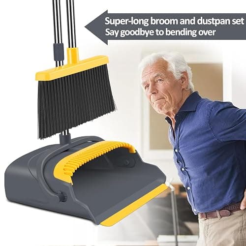 kelamayi Upgrade Broom and Dustpan Set, Broom with Dustpan Combo Set, Self-Cleaning with Dustpan Teeth, Indoor&Outdoor Sweeping, Stand Up Broom and Dustpan (Gray&Yellow) thumbnail 5