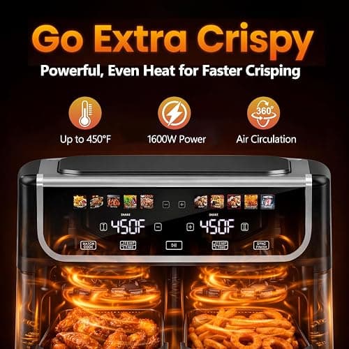 Simple Deluxe 9.5-Qt Dual Basket Air Fryer, 10-in-1 Digital Preset 1700W Airfryer, Sync Cook, Independent Temp Control, Shake Reminder, Nonstick Basket, Black thumbnail 3