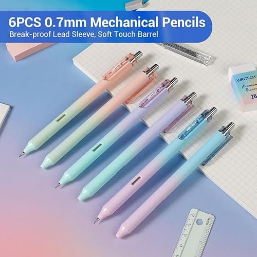 WRITECH Up Mechanical Pencil Set: 6ct Gradient Barrel 0.7mm Mechanical Pencils with 4 Tubes of HB Lead Refills and 2 Extra Erasers for Writing Drawing Sketching Drafting thumbnail 3