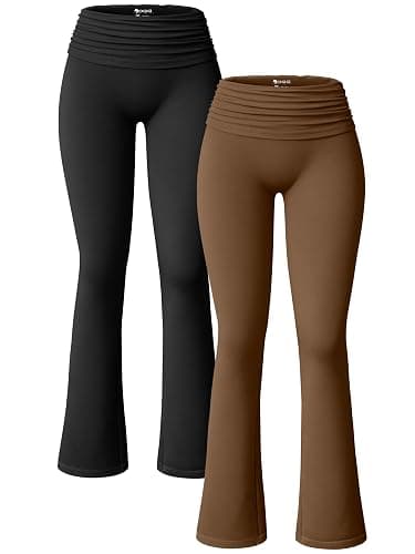 OQQ Women's 2 Piece Flared Pants Ribbed Fold Over Kick Ruched Stretch High Waist Casual Wide Leg - Image 1