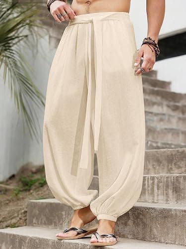 OYOANGLE Men's Harem Pants with Pocket Baggy Hippie Loose Fit Elastic Waist Wide Leg Japanese Pants thumbnail 3