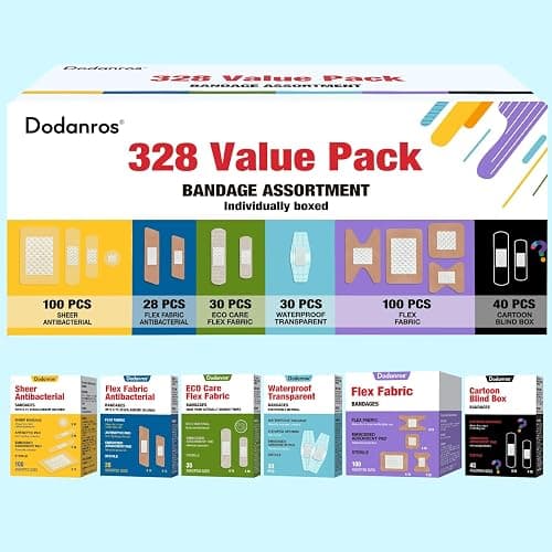 Dodanros Variety Bandages Pack,328ct Assorted Bulk Various Sizes, Shapes &Features | Sheer & Flex Fabric with Benzalkonium, ECO Bamboo Fabric, Waterproof, Cartoon Blind Box Fragrance Bandages thumbnail 2