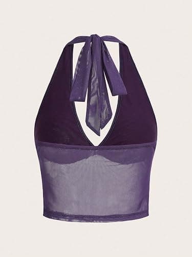 COZYEASE Women's Y2K Sheer Mesh Tie Back Halter Top Floral Print Rhinestone Cami Tops Backless Crop Tee - Medium - Purple thumbnail 2