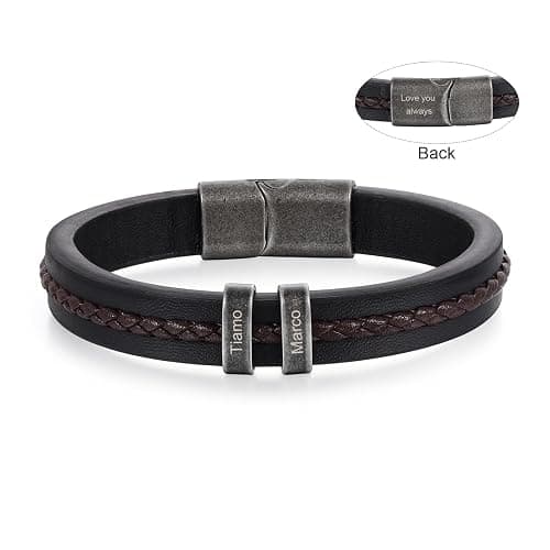Personalized Custom Name Bracelets for Men - Mens Leather Bracelet with 2-5 Kids Names Customized Gifts for Dad Husband Son thumbnail 8